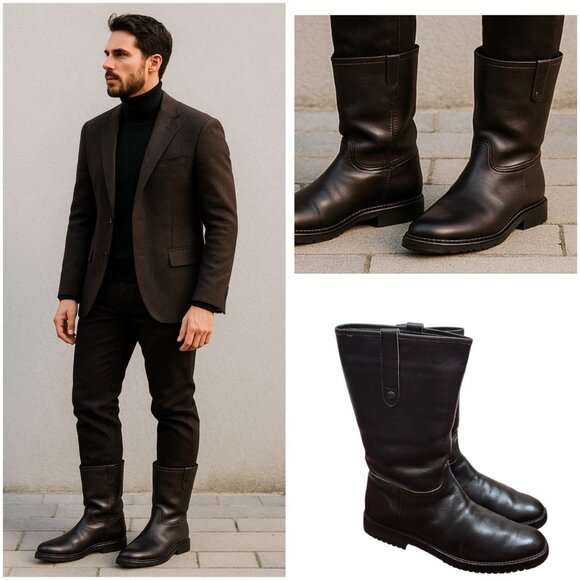 Gravati Mens Brown Leather Shearling Boots Size 9 Fur Lined Warm Winter Mid Calf - Picture 1 of 16